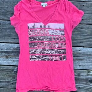 Y2K Mcbling Rhinestone Embellished Los‎ Angeles Hot Pink VNeck Tee